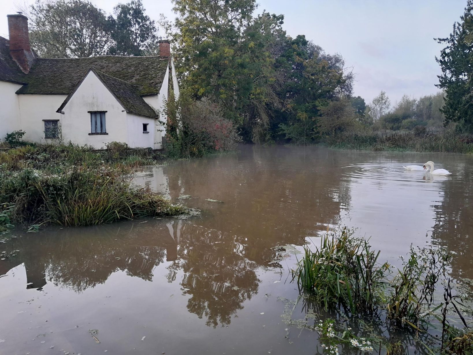 Storm Ciarán flooding at Flatford (opposite Bridge Cottage)